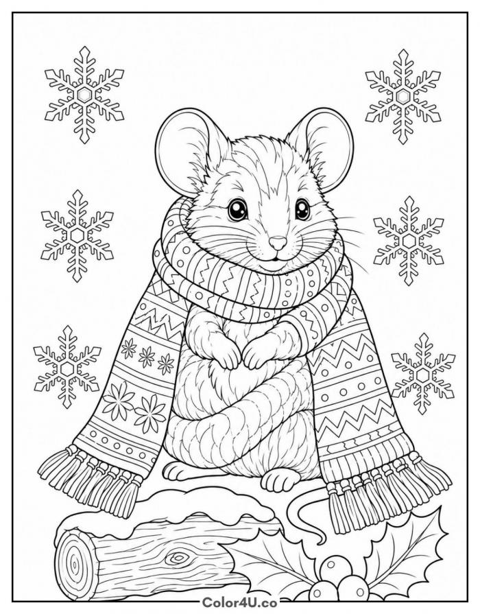 Mouse wearing a knitted winter scarf with snowflakes, detailed coloring page, free printable