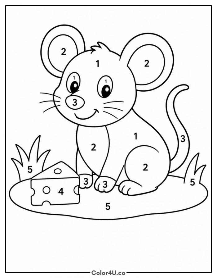Mouse color by number page with cheese, easy coloring page, free printable