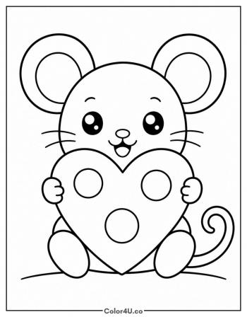 Kawaii Mouse with Cheese Heart coloring page