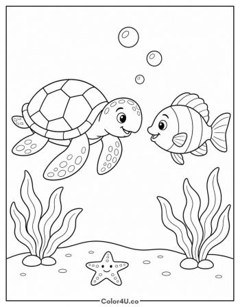Turtle With a Fish Friend coloring page