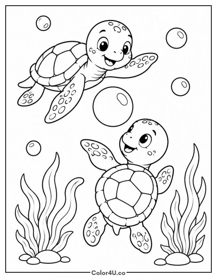 Two baby sea turtles playing underwater, medium turtle coloring page, free printable