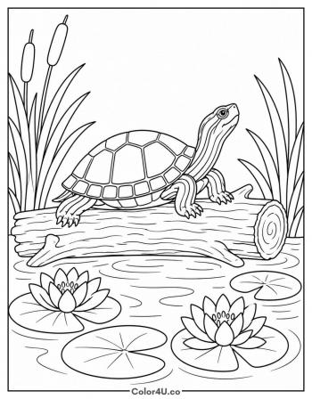 Turtle on a Log in the Pond coloring page
