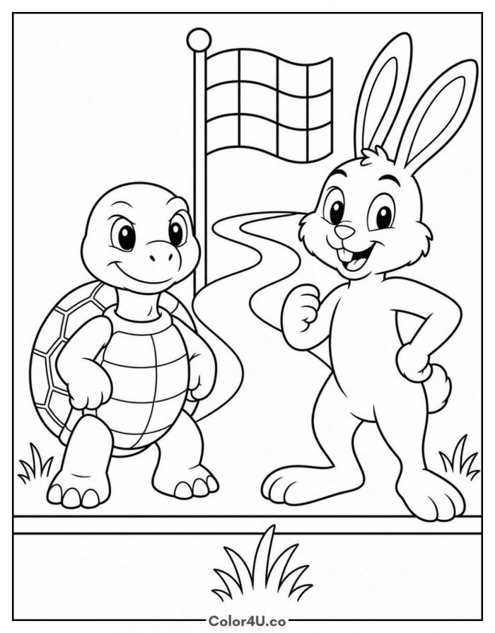 Turtle and hare at a race flag, medium turtle coloring page, free printable