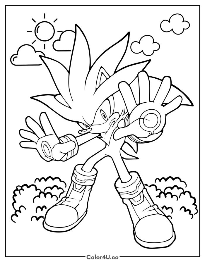 Silver the Hedgehog in a power stance, medium Sonic coloring page, free printable