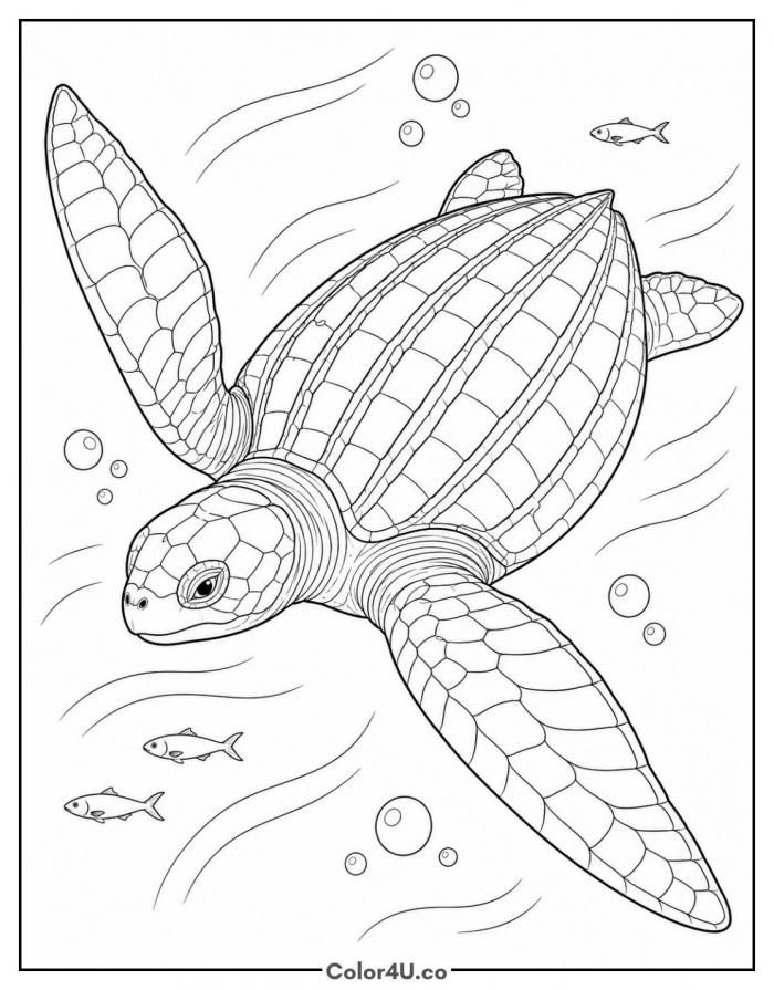 Leatherback sea turtle swimming, detailed turtle coloring page, free printable