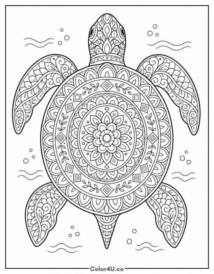 Mandala zentangle sea turtle, detailed turtle coloring page, free printable