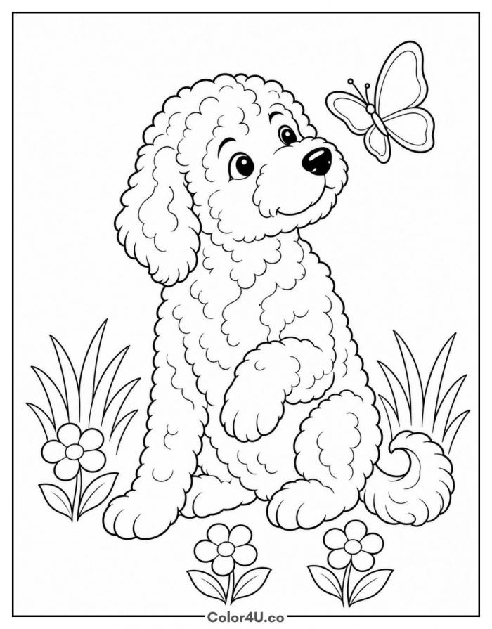 Goldendoodle puppy with a butterfly, medium dog coloring page, free printable