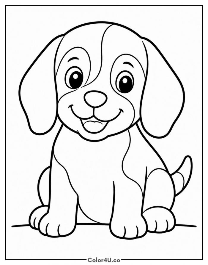 Beagle puppy sitting and smiling, easy dog coloring page, free printable