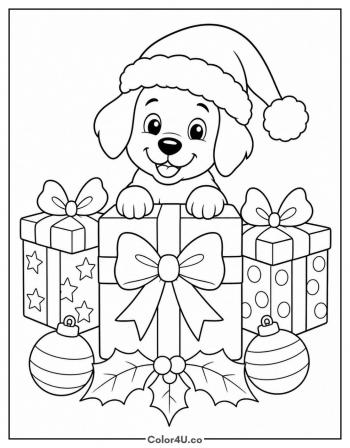 Santa Puppy with Presents coloring page