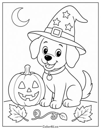 Halloween Dog in a Witch Hat coloring page