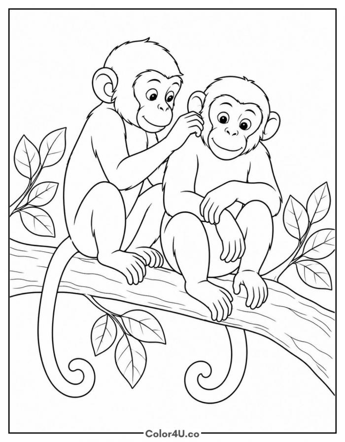 Two monkeys grooming on a branch, medium monkey coloring page, free printable