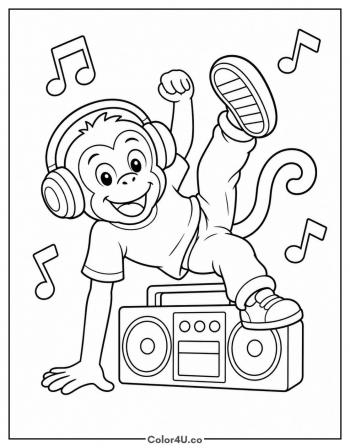 Dancing Monkey with Headphones coloring page