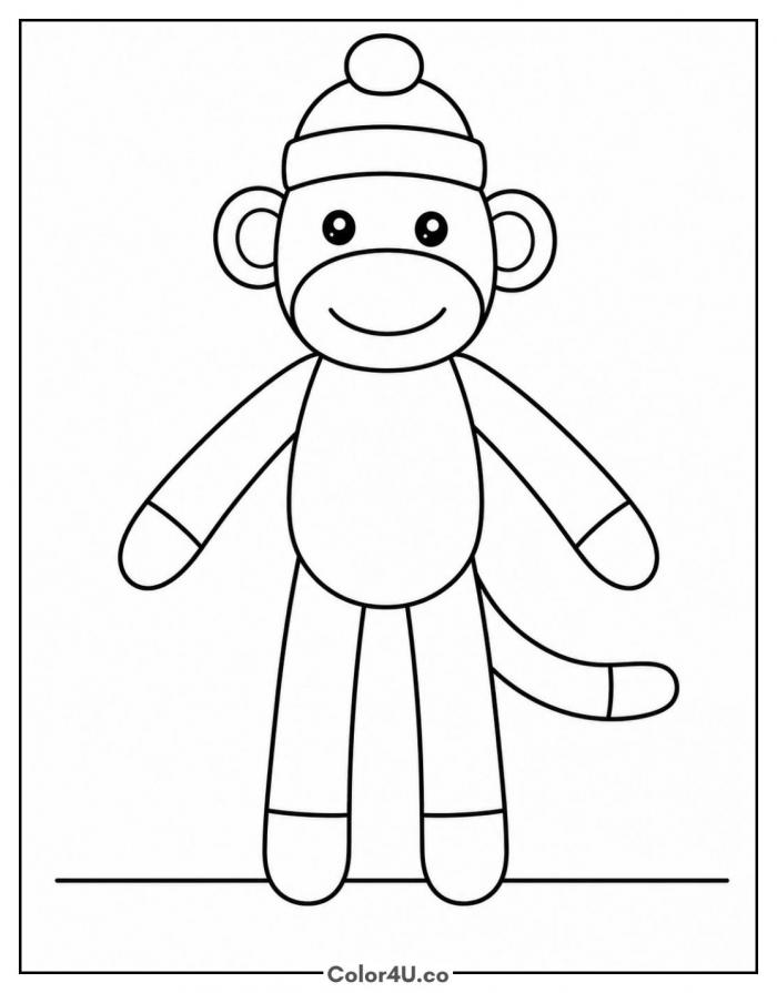 Sock monkey toy with knitted hat, easy monkey coloring page, free printable