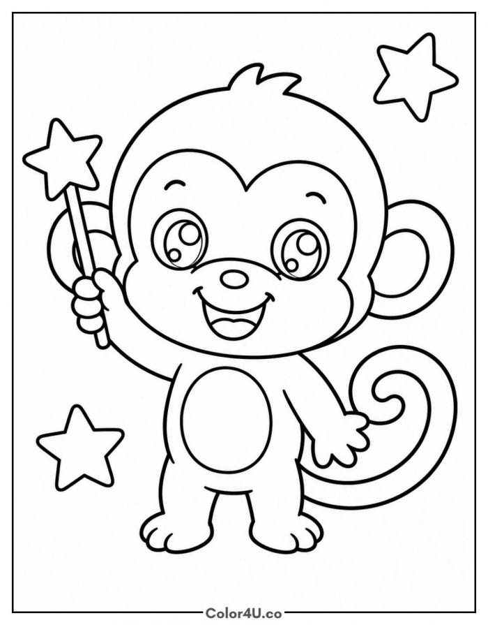 Chibi monkey holding a star wand, easy monkey coloring page, free printable