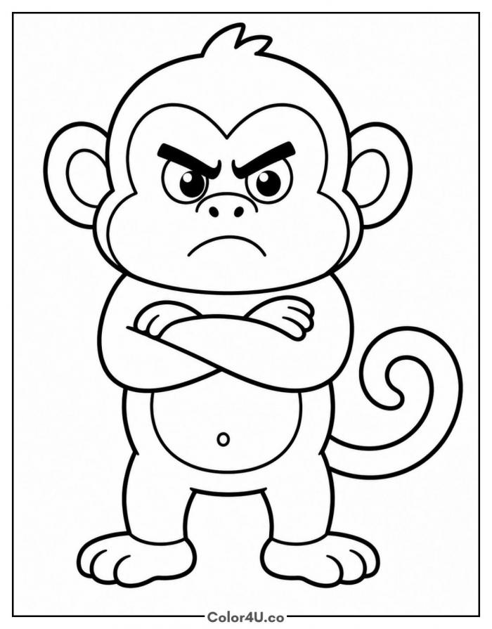 Grumpy monkey with arms crossed, easy monkey coloring page, free printable