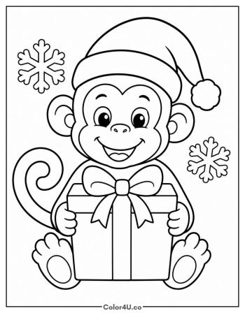 Christmas Monkey with Santa Hat coloring page