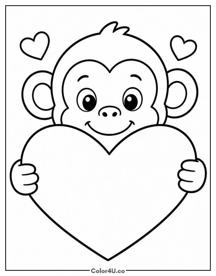 Valentine monkey holding a big heart, easy monkey coloring page, free printable