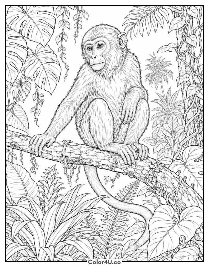 Realistic monkey sitting on a jungle branch, detailed monkey coloring page, free printable