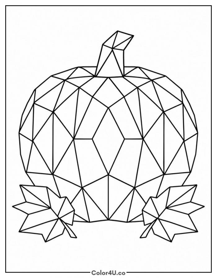 Low poly pumpkin built from triangles with faceted leaves, detailed coloring page, free printable