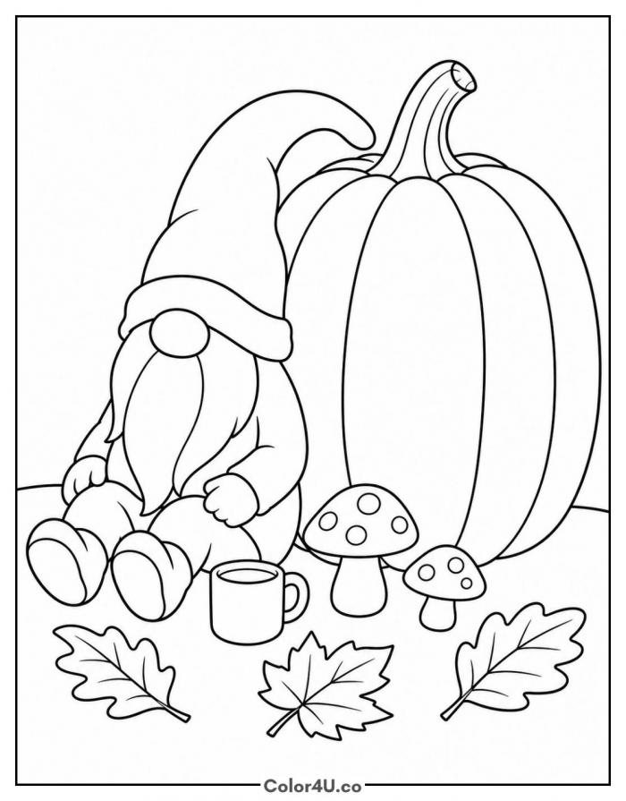 Gnome sitting with a mug beside a giant pumpkin, easy coloring page, free printable