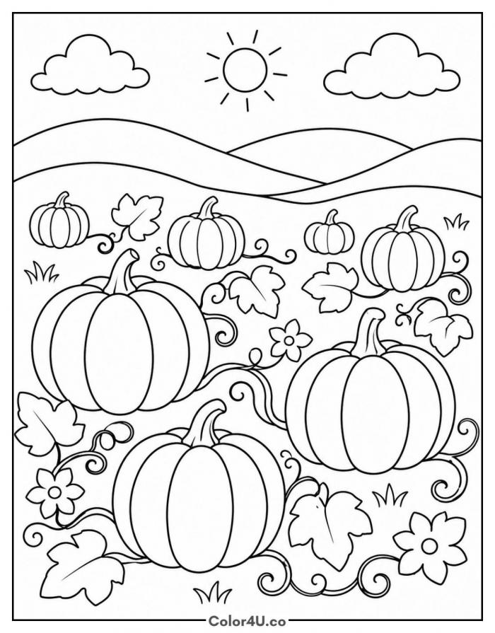 Pumpkin patch with rolling hills and sun, medium coloring page, free printable