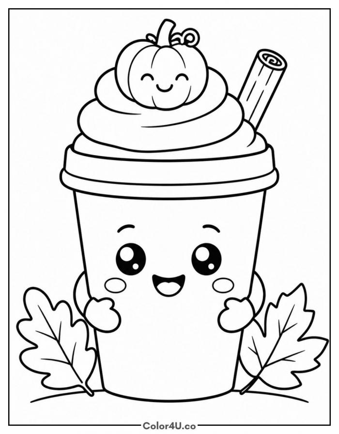 Smiling pumpkin spice latte cup with whipped cream, easy coloring page, free printable