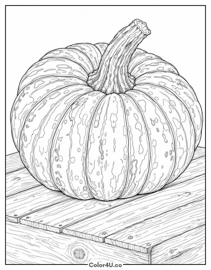 Realistic mottled pumpkin on wooden planks, detailed coloring page, free printable