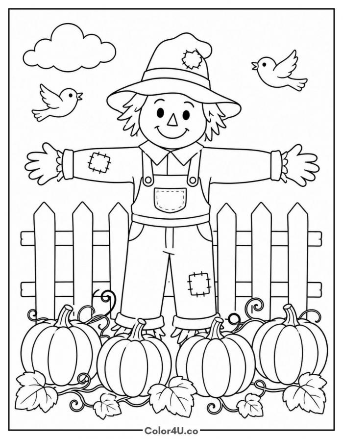 Smiling scarecrow with pumpkins and a picket fence, medium coloring page, free printable