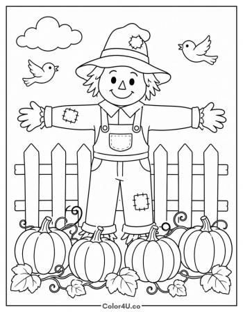Scarecrow and Pumpkins coloring page