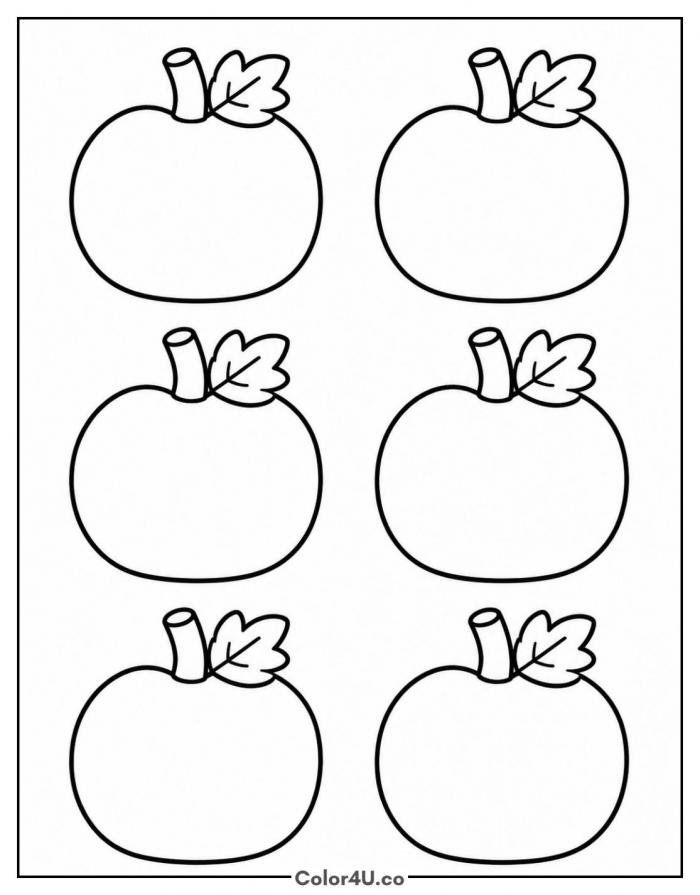 Six blank pumpkin outline templates with stems and leaves, easy coloring page, free printable