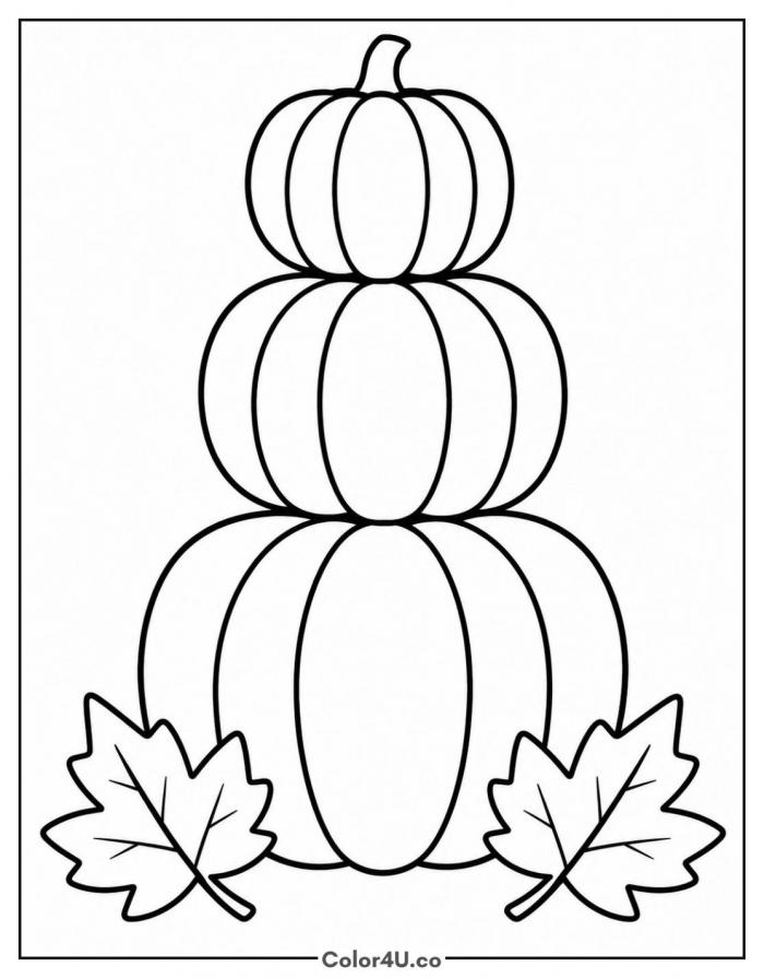 Three stacked pumpkins with maple leaves, easy fall coloring page, free printable