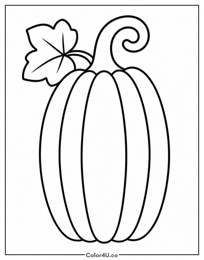 Tall pumpkin with a curling stem and one leaf, easy coloring page, free printable