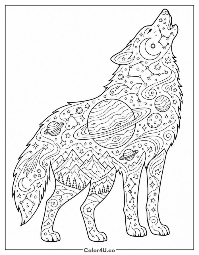 Galaxy wolf silhouette howling, detailed wolf coloring page, free printable