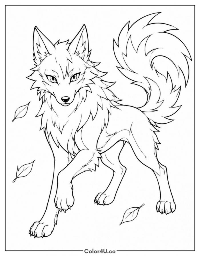 Anime wolf prowling with falling leaves, medium wolf coloring page, free printable