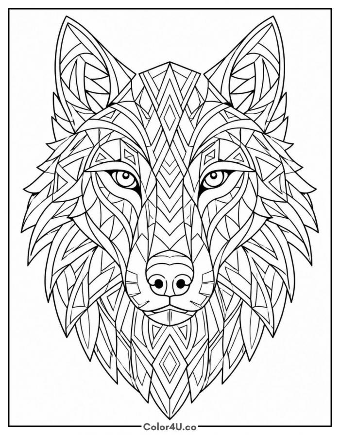 Symmetrical tribal wolf head, detailed wolf coloring page, free printable