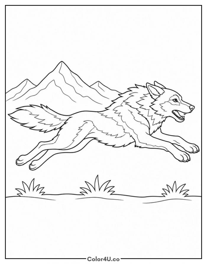 Wolf running past mountains, medium wolf coloring page, free printable