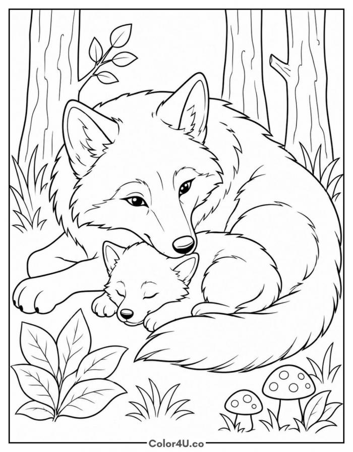 Mother wolf resting with sleeping pup in forest, medium wolf coloring page, free printable