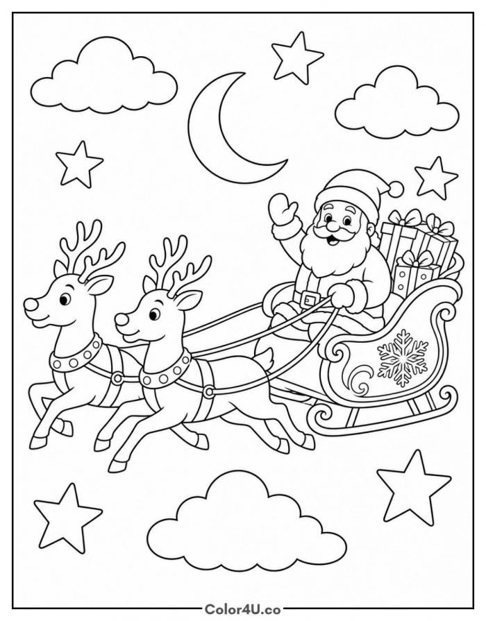 Santa in his sleigh pulled by two reindeer, medium Christmas coloring page, free printable