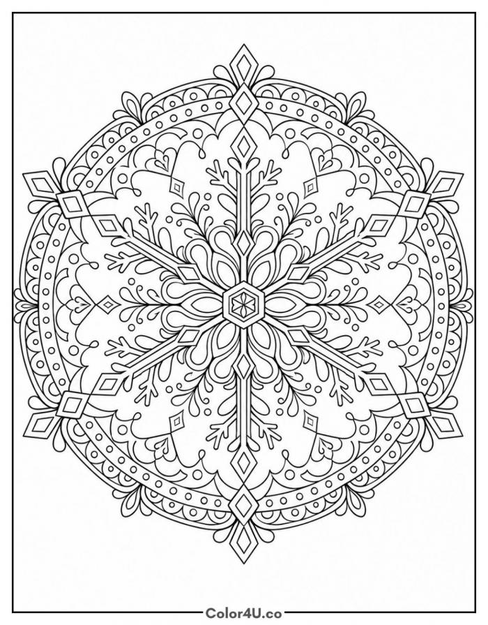 Intricate snowflake mandala, detailed Christmas coloring page, free printable