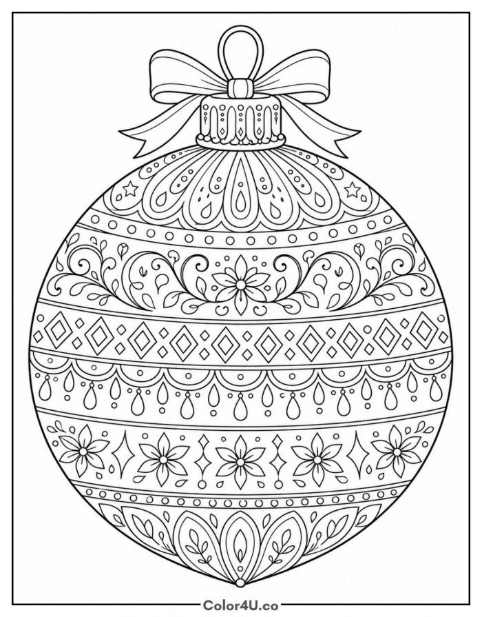 Ornate Christmas bauble with patterned bands, detailed coloring page, free printable