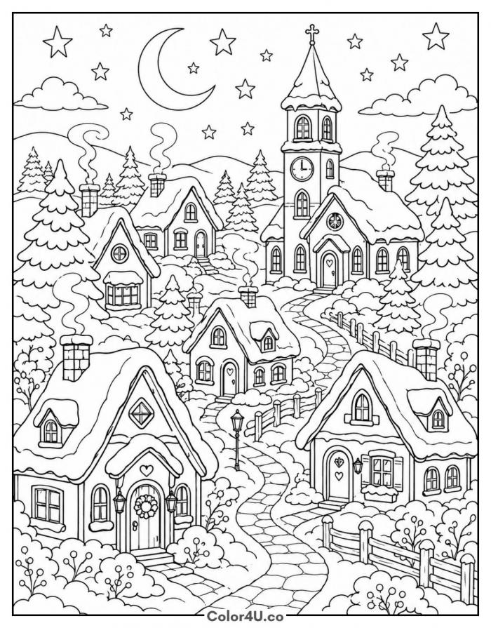 Snowy winter village with church clock tower at night, detailed Christmas coloring page, free printable