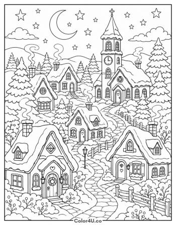 Cozy Winter Village coloring page