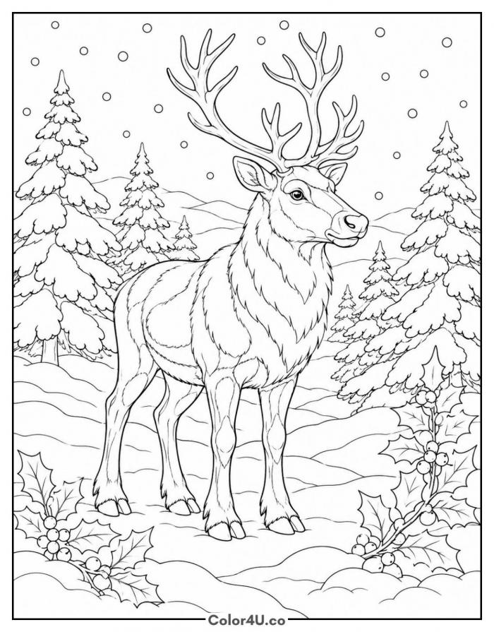 Reindeer standing in a snowy pine forest, detailed Christmas coloring page, free printable