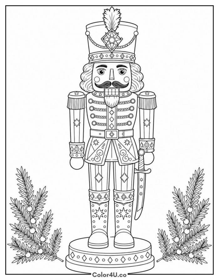 Nutcracker soldier with sword and feathered crown, detailed Christmas coloring page, free printable