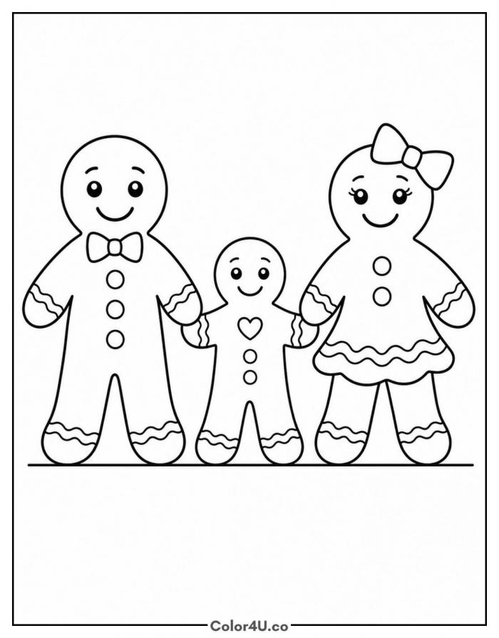 Gingerbread family of three holding hands, easy Christmas coloring page, free printable