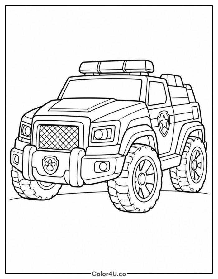 Police cruiser with paw badge on the bumper, medium PAW Patrol coloring page, free printable
