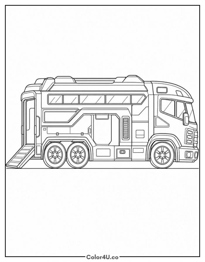 Large transporter truck with lowered ramp, detailed PAW Patrol coloring page, free printable