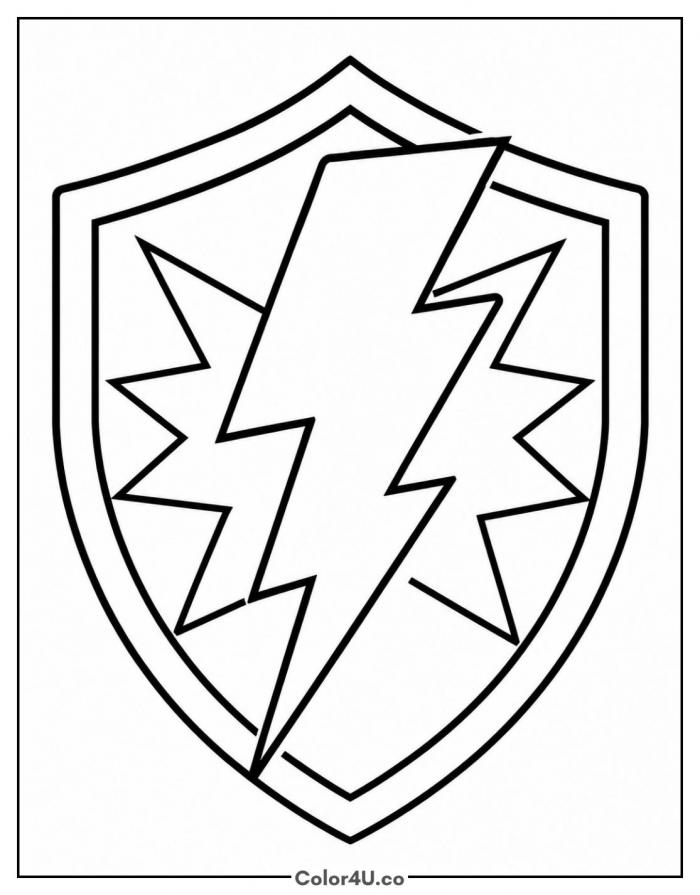 Hero shield badge with a lightning bolt, easy PAW Patrol coloring page, free printable
