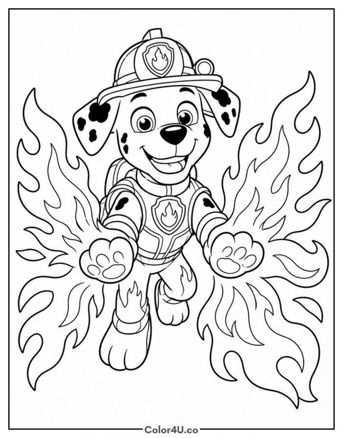 Spotted pup in a firefighter helmet shooting flames from his paws, detailed PAW Patrol coloring page