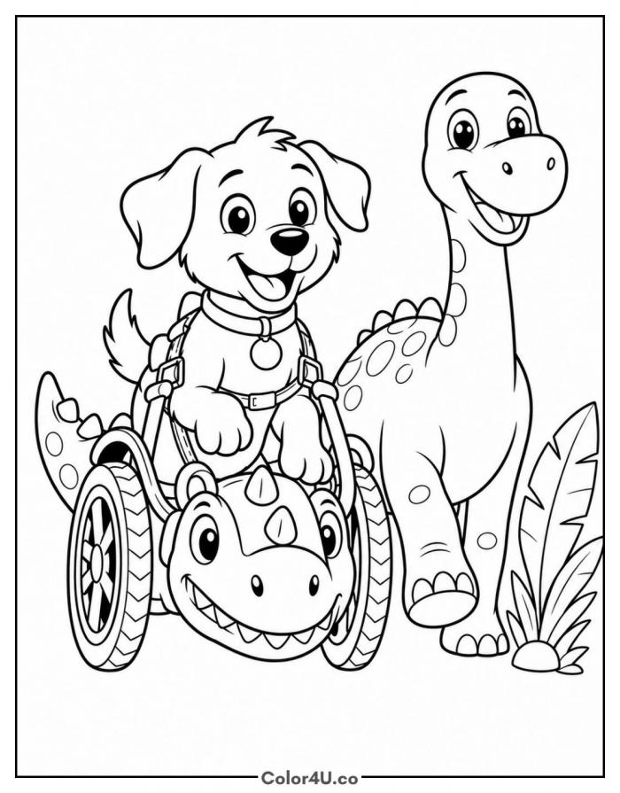 Puppy in a dinosaur shaped wheelchair beside a long necked dinosaur, medium PAW Patrol coloring page